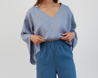 Pantalones de lino azul de pierna ancha, palazzo de cintura alta / ARVEN