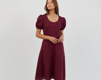 Linen Midi Dress, Puff Sleeves, Elegant Scoop Neck