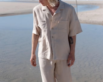 Camisa de lino para hombre, cuello cubano, manga corta, corte holgado, beige, hecha a mano / FRANCO