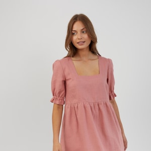 Linen Babydoll Dress FIONA / Puff Sleeve Linen Dress / Smock Square Neck / Linen Mini Dress