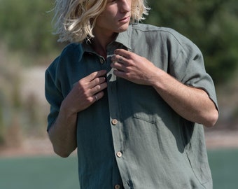 Men’s linen shirt, short sleeve, sage green, casual summer top | ALLAN