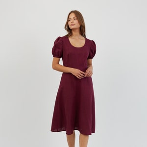 Leinen Midi Kleid Puff Ärmel CAROLINA / Empire U-Boot Midi Kleid / Elegantes Abendkleid