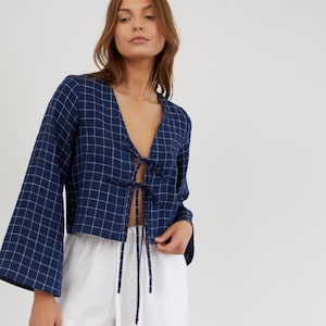 Linen tie front crop top, blue bell sleeve blouse | CASSIDY