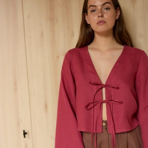 Cropped Linen Top, Tie Front Blouse, Bell Sleeves, CASSIDY, Red Linen Top, Boho Style, Summer Blouse, Gift for Her