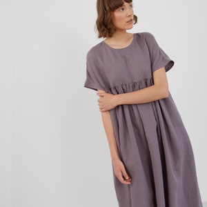 Linen Empire Waist Midi Dress TULLIA | Flowy Summer Dress with Pockets in Lavender Violet