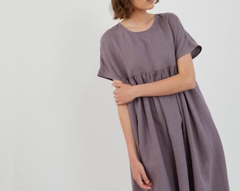 Leinen Empire-Taille Midikleid TULLIA | Fließendes Sommerkleid mit Taschen in Lavendel Violett