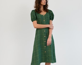 Green Plaid Linen Midi Dress: Aurelia Puff Sleeve Button Front