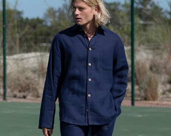 Linnen herenoverhemd, lange mouwen, button-down, relaxte pasvorm | ALEX