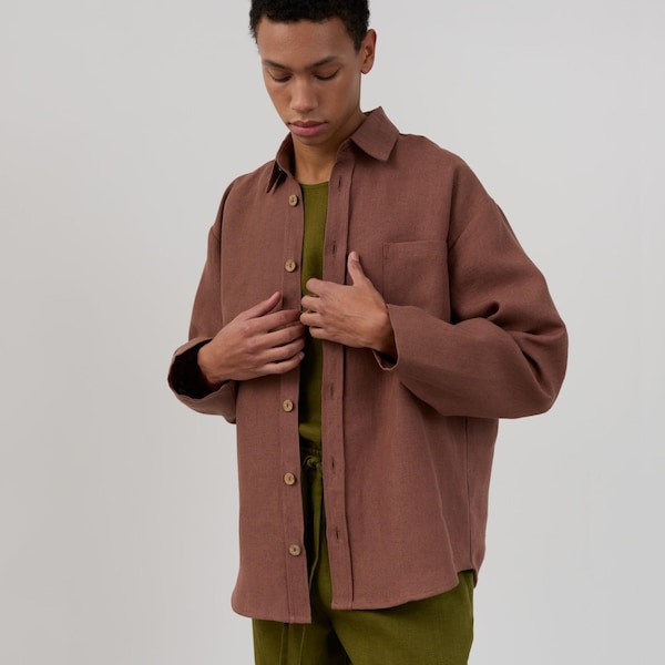 Men’s linen shirt, long sleeve button down, relaxed fit | ALEX