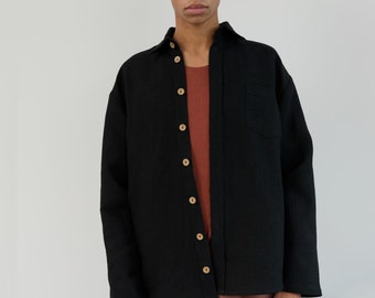 Zwart linnen herenshirt, lange mouwen, button-down, relaxte pasvorm | ALEX