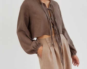 Calça de linho plissada de cintura alta, corte reto, marrom areia | JAMES