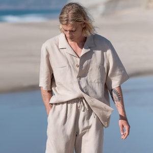 Men’s beige linen pants, straight leg, drawstring elastic waist | JONAS