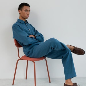 Men’s sea blue linen pants, straight leg, drawstring elastic waist | JONAS