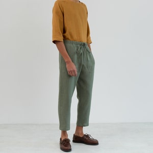 Image 1 of Mens Linen Drawstring Pants DOMINIC, Relaxed Fit Casual Trousers for Summer, Beach Resort Wear Slacks in "Sage Green" by LAC