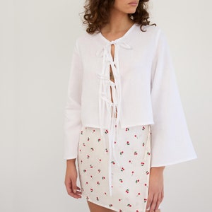 Tie Front Linen Top BLAIRE in White / Long Sleeve Tie Shirt / Linen Kimono Tie Front Shirt / Cropped Tie Jacket - Image 1