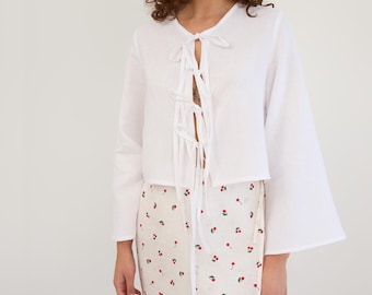 White linen tie front top, kimono sleeve cropped shirt, long sleeve | BLAIRE