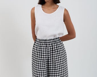 Leinen Hose mit weitem Bein, Gingham Palazzo Hose, Gummizug in der Taille, Schwarz und Weiß Karo, handgemachte PERLE
