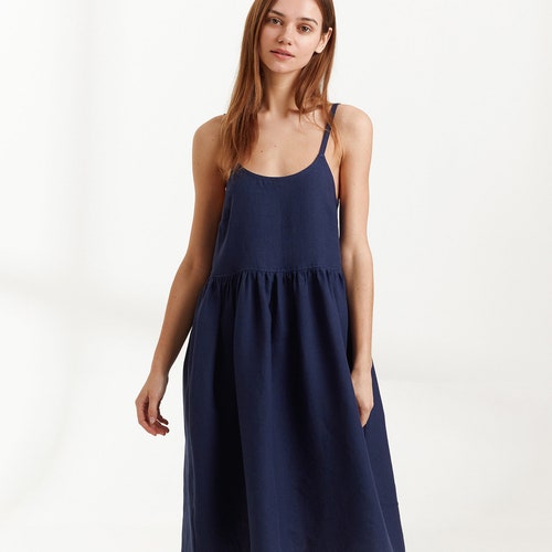 POPPY Linen Dress Navy Blue / Linen Summer Dress for Women - Etsy