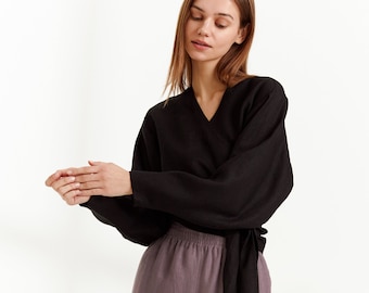 Linen wrap top, long sleeve tie front blouse | JUNE