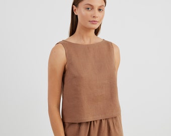 Linen crop tank, sleeveless, boat neckline | SONATE