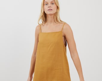 Linen Strap Dress DEVON / Square Neck Mini Dress