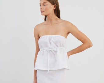 Linen StraplessTop in White PHEOBE / Linen Tube Top