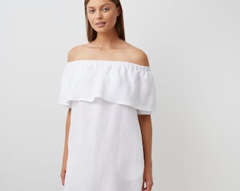 White linen off shoulder ruffle dress, midi, maternity friendly | THALIA