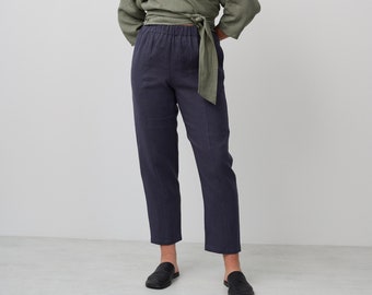 Linen High Waist Pants OLIVER / High Waisted Tapered Linen Trousers / Dark Grey