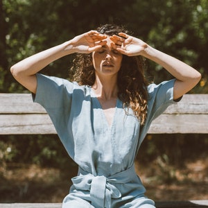 AURORA Linen Jumpsuit / Loose Linen Overalls / Linen Romper With Belt