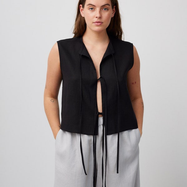 Tie Front Linen Top HEIDI / Gilet en lin / Haut noir en lin