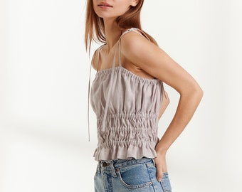 Ready to ship / AUGUST Linen Top in Silver Pink / Shirred Cami Tie Blouse