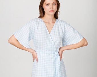 Vestido cruzado de lino, cuadros vichy, premamá / MARY