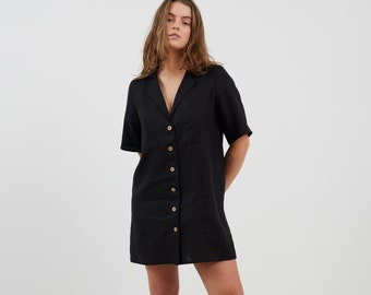 IDA Linen Shirt Dress / Short Sleeve Collared Black