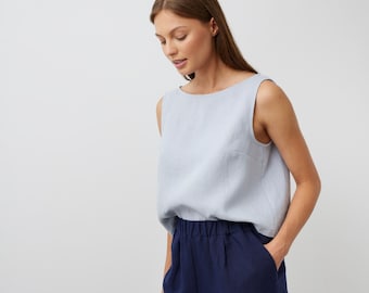 Linen crop tank, sleeveless, boat neckline | SONATE