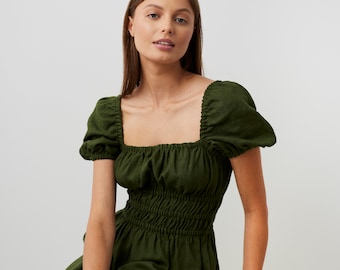 Linen Midi Dress, Puff Sleeves, Shirred Waist, HOLIDAY
