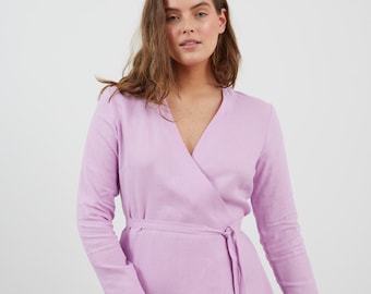 Lilac linen wrap dress, long sleeve, maternity friendly, fall style | CLAUDIA