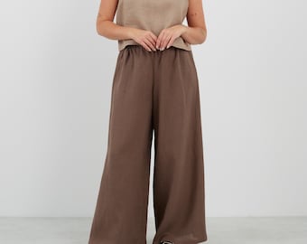 Pantalon large en lin PERLE / Pantalon fluide à taille élastique / Palazzo taille haute