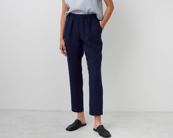 Linen Pants RAVEN / High Waisted Tapered Linen Trousers / Navy Blue