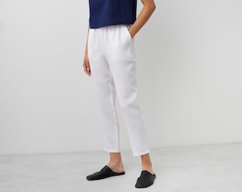 Linen Pants RAVEN / High Waisted Tapered Linen Trousers / White