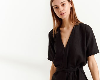 AURORA linnen jumpsuit/losse linnen overalls/linnen romper met riem