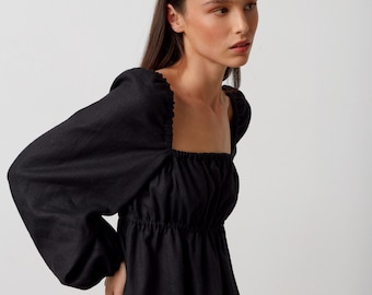 TALULLA Linen Mini Dress / Long Sleeve Dress / Black Linen Dress