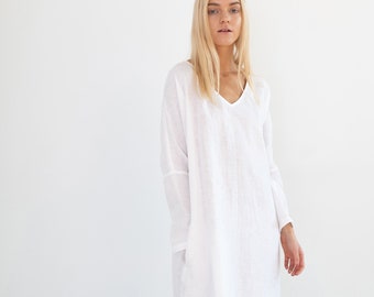 FRIDA White Linen Dress / Long Sleeve Dress with Belt