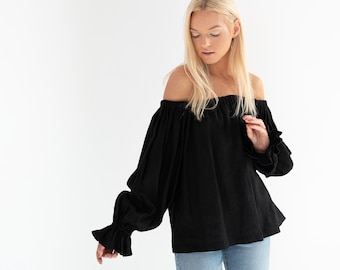 ALICE Off The Shoulder Linen Top / Black Linen Blouse / Handmade Clothing