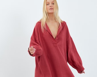 SKY Linen Tunic Dress / Oversized Linen Shirt Dress / Handmade Clothing for Women