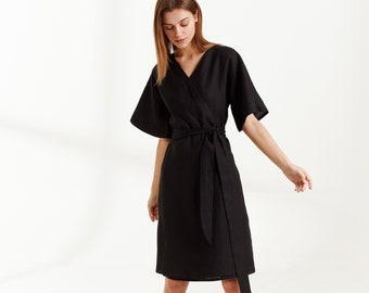 MARY Linen Wrap Dress / Black Linen Kimono Wrap Dress