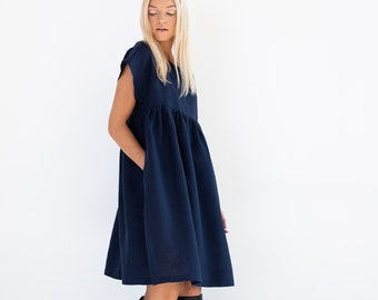 POPPY Linen Dress Navy Blue / Linen Summer Dress For Women