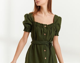 JULY Button Down Linen Dress / Mini Summer Dress in Forest Green