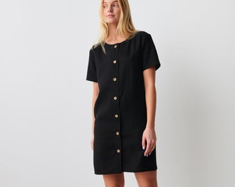 LYRA Linen Dress for Women / Linen Button Down Dress / Linen Short Sleeve Dress in Black