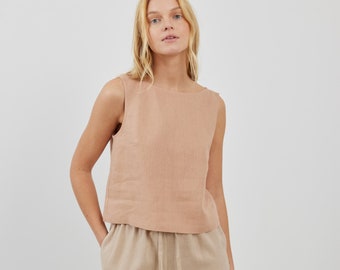 Linen tank top, sleeveless crop, boat neckline | SONATE