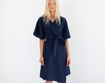 Linen Wrap Dress: Navy Blue Kimono Style Robe with Belt